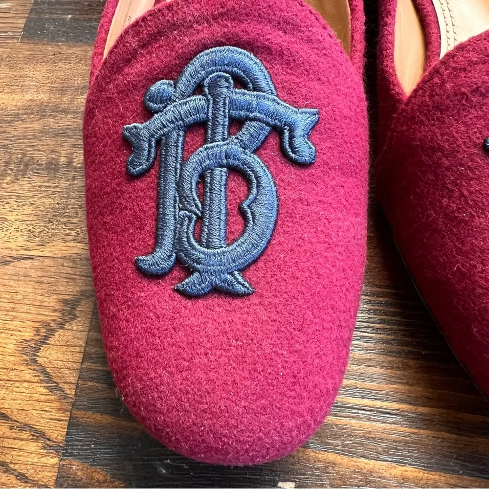Tory Burch ANTONIA Monogram Logo Embroidered Burgundy Wool Loafers US7.5